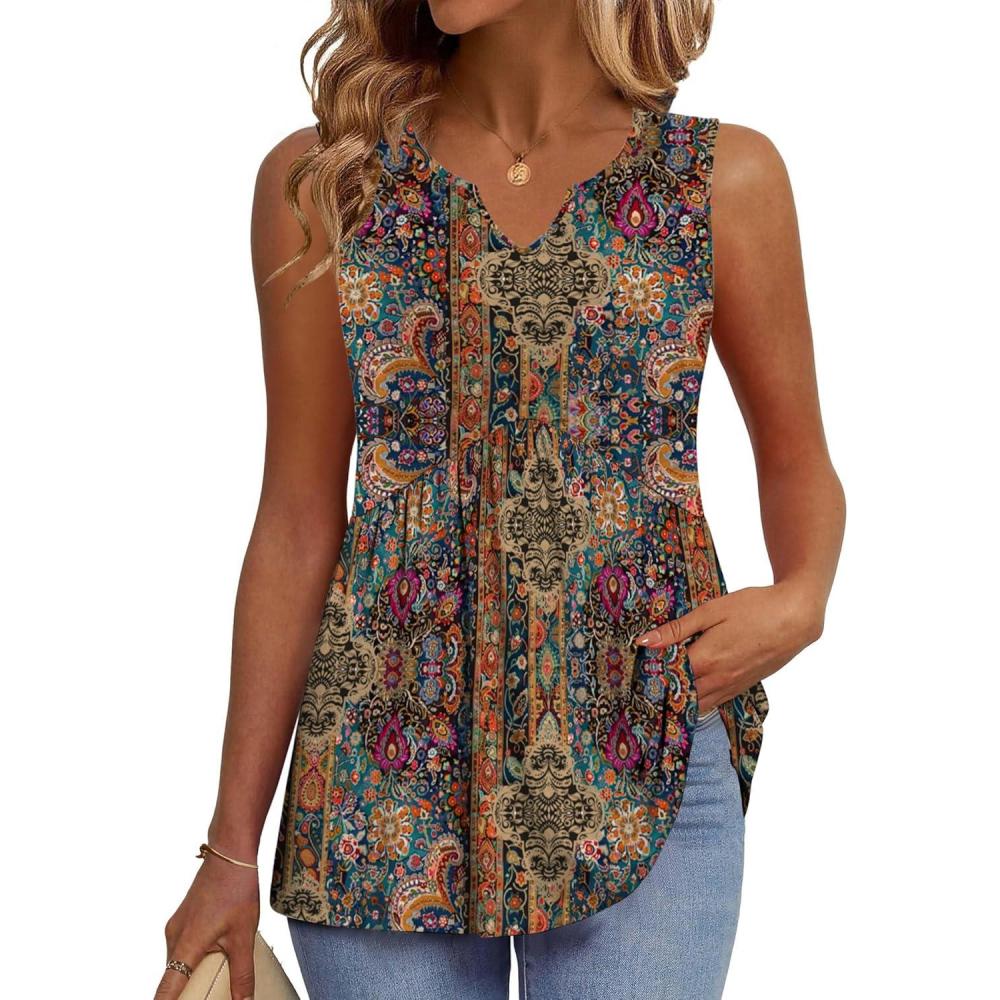 imageZeagoo Womens Tank Tops 2026 Sleeveless V Neck Loose Fit Casual Flowy Boho Beach Summer ShirtsPrint Mz721