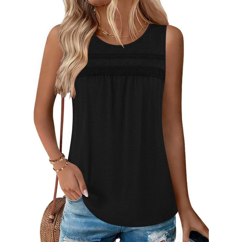 imageZeagoo Womens Tank Tops 2026 Summer Pleated Scoop Neck Sleeveless Lace Crochet Boho Tops Dressy Casual Loose Fit BlousesBlack