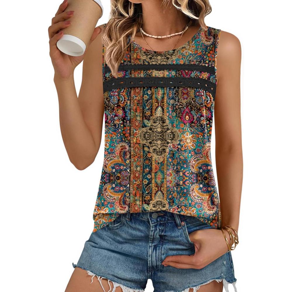 imageZeagoo Womens Tank Tops 2026 Summer Pleated Scoop Neck Sleeveless Lace Crochet Boho Tops Dressy Casual Loose Fit BlousesBrown Boho Print