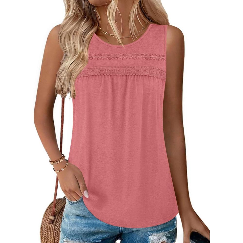 imageZeagoo Womens Tank Tops 2026 Summer Pleated Scoop Neck Sleeveless Lace Crochet Boho Tops Dressy Casual Loose Fit BlousesCoral