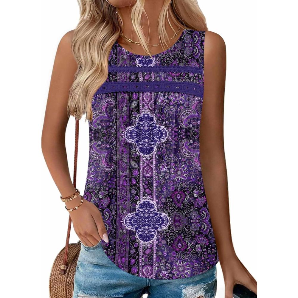imageZeagoo Womens Tank Tops 2026 Summer Pleated Scoop Neck Sleeveless Lace Crochet Boho Tops Dressy Casual Loose Fit BlousesPurple Boho Print