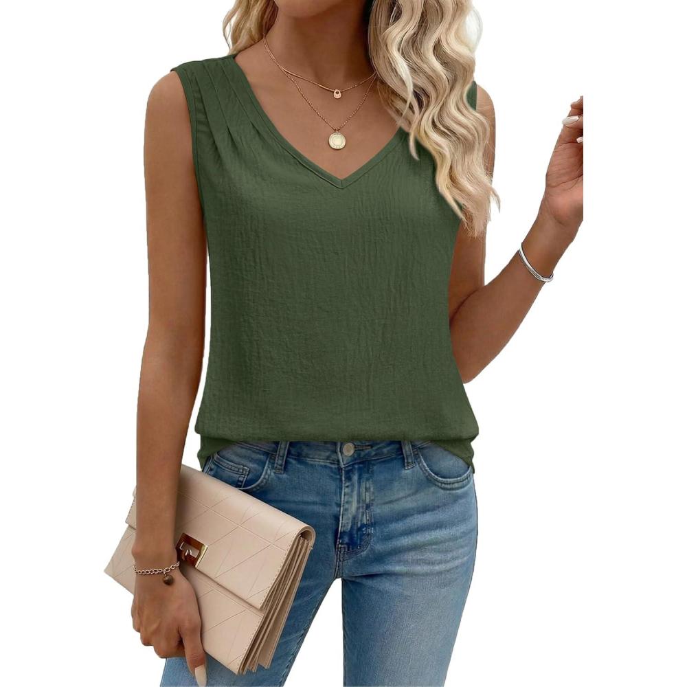 imageZeagoo Womens Tank Tops Pleated V Neck Dressy Casual Sleeveless Blouse Textured Summer Business Work ShirtsArmy Green