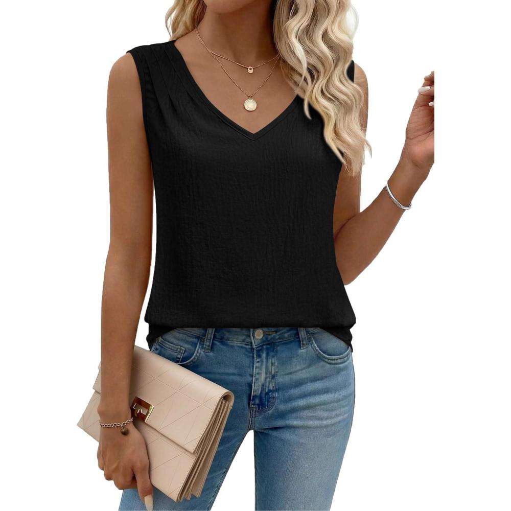 imageZeagoo Womens Tank Tops Pleated V Neck Dressy Casual Sleeveless Blouse Textured Summer Business Work ShirtsBlack