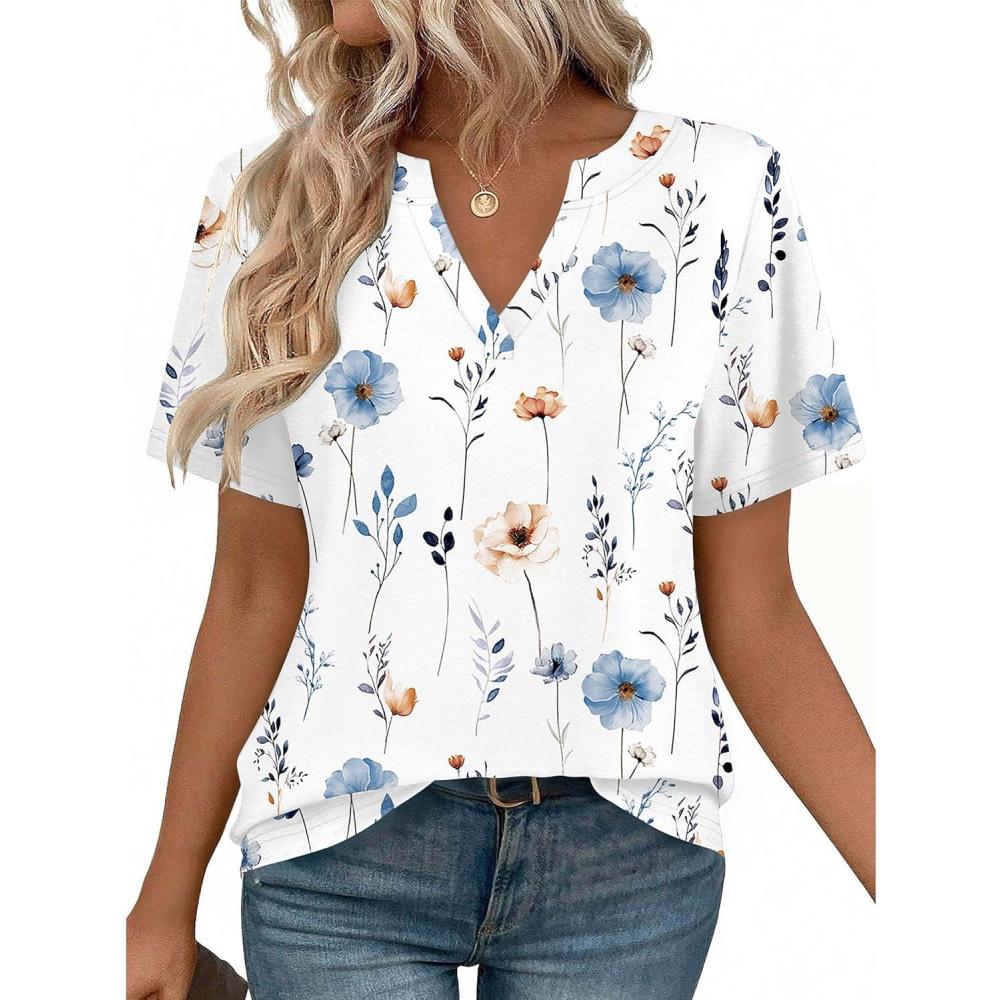 imageZeagoo Womens Tops Short Sleeve V Neck Tee Shirts Cute Dressy Casual Clothing Business Work BlouseAwhite Flowers Bf290