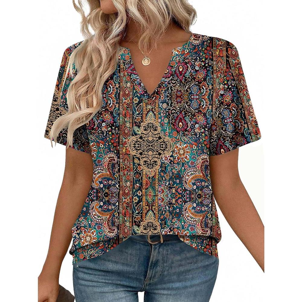 imageZeagoo Womens Tops Short Sleeve V Neck Tee Shirts Cute Dressy Casual Clothing Business Work BlouseBrown Bohemian Mz721