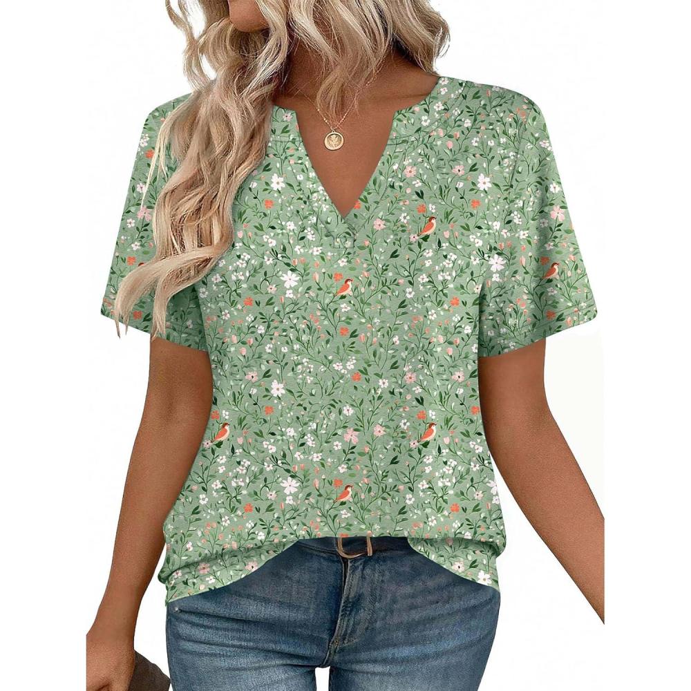 imageZeagoo Womens Tops Short Sleeve V Neck Tee Shirts Cute Dressy Casual Clothing Business Work BlouseGreen Flowers Xh534