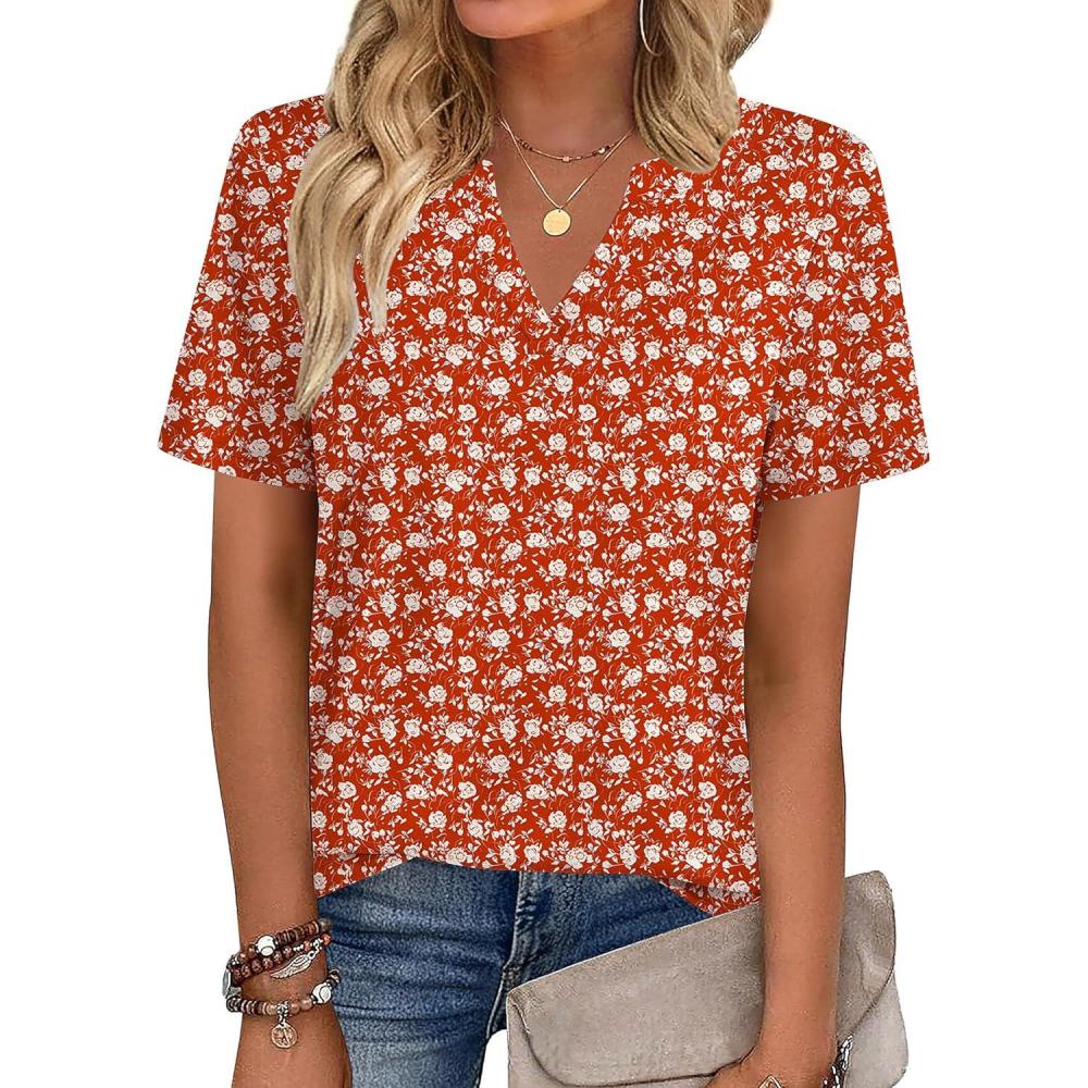 imageZeagoo Womens Tops Short Sleeve V Neck Tee Shirts Cute Dressy Casual Clothing Business Work BlouseRed Flower Sf230