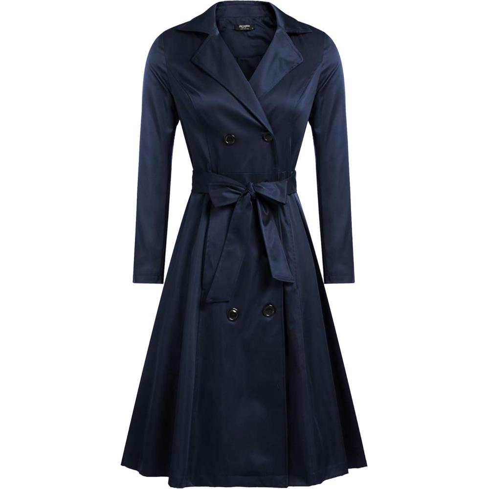 imageZeagoo Womens Trench Coats DoubleBreasted Long Coat with BeltNavy Blue