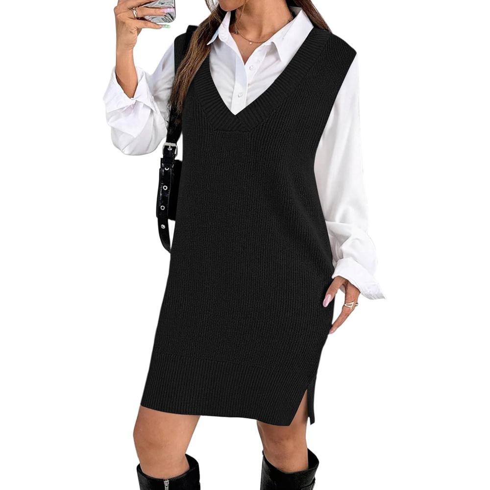 imageZeagoo Womens V Neck Sweater Vest Dress Oversized Sleeveless Casual Pullover Sweater Fall Winter Knit Slit Short DressBlack