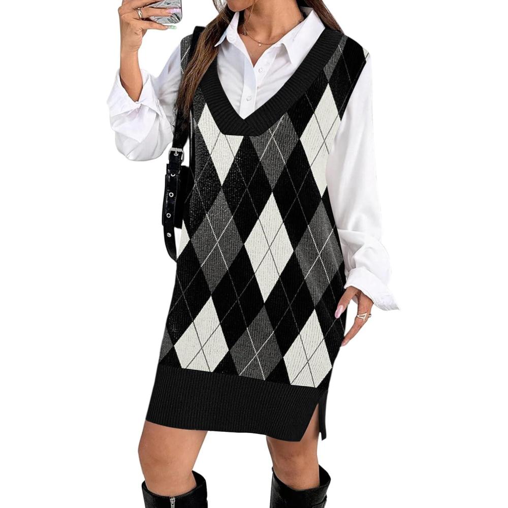 imageZeagoo Womens V Neck Sweater Vest Dress Oversized Sleeveless Casual Pullover Sweater Fall Winter Knit Slit Short DressBlack Diamond