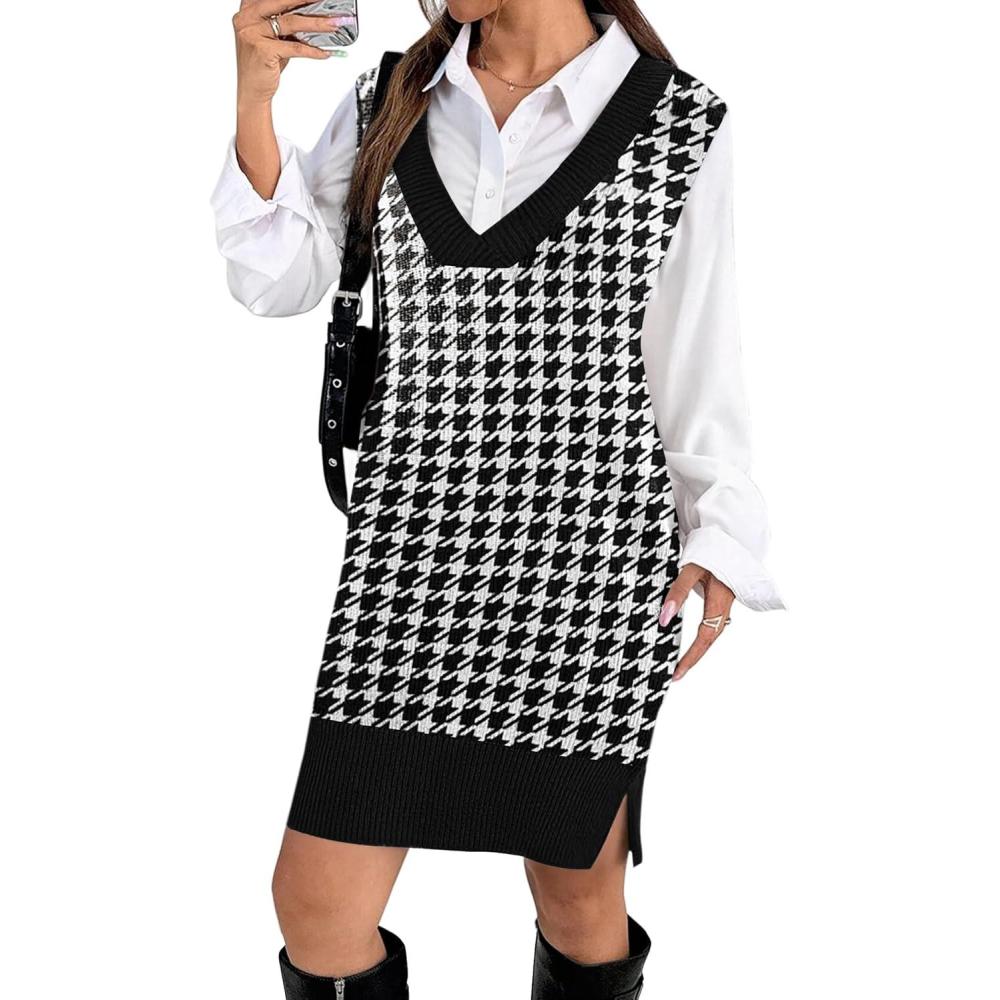 imageZeagoo Womens V Neck Sweater Vest Dress Oversized Sleeveless Casual Pullover Sweater Fall Winter Knit Slit Short DressBlack Houndstooth