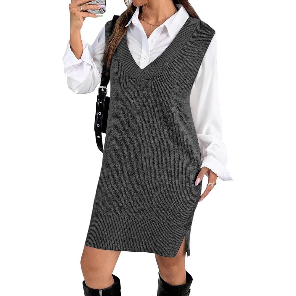 imageZeagoo Womens V Neck Sweater Vest Dress Oversized Sleeveless Casual Pullover Sweater Fall Winter Knit Slit Short DressDark Grey