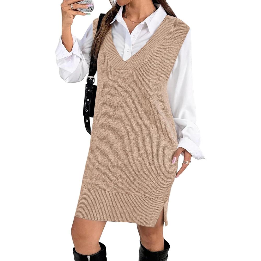 imageZeagoo Womens V Neck Sweater Vest Dress Oversized Sleeveless Casual Pullover Sweater Fall Winter Knit Slit Short DressKhaki