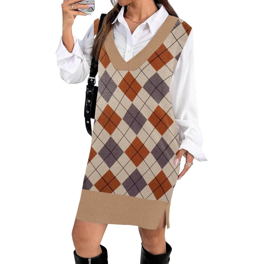 imageZeagoo Womens V Neck Sweater Vest Dress Oversized Sleeveless Casual Pullover Sweater Fall Winter Knit Slit Short DressKhaki Diamond