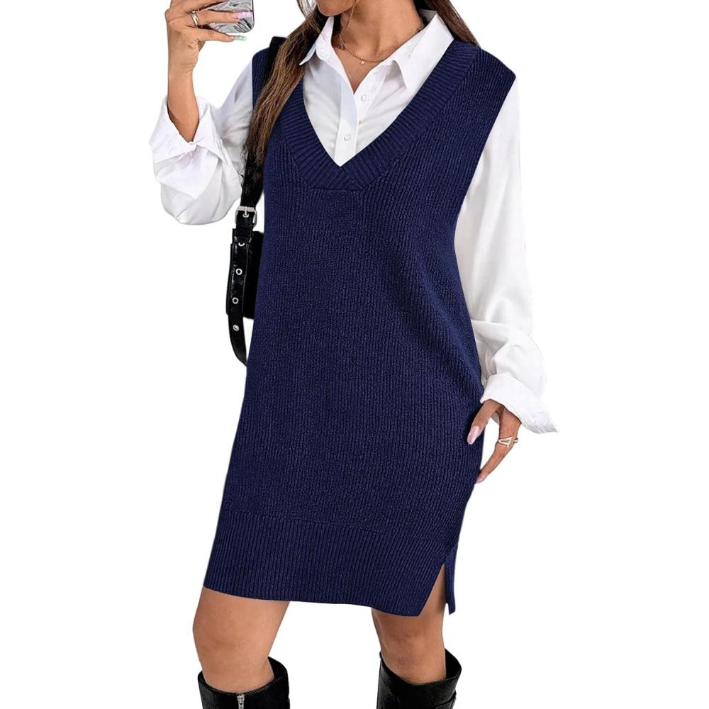 imageZeagoo Womens V Neck Sweater Vest Dress Oversized Sleeveless Casual Pullover Sweater Fall Winter Knit Slit Short DressNavy Blue