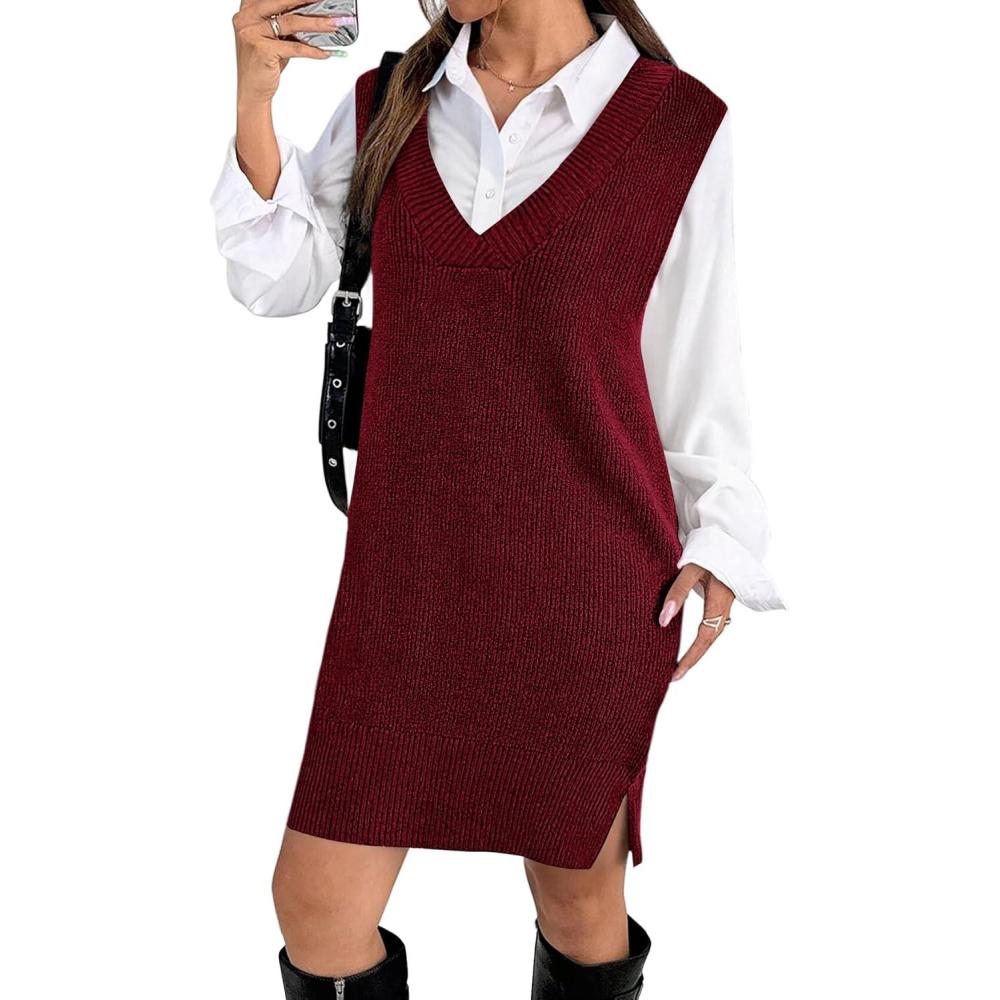imageZeagoo Womens V Neck Sweater Vest Dress Oversized Sleeveless Casual Pullover Sweater Fall Winter Knit Slit Short DressWine Red
