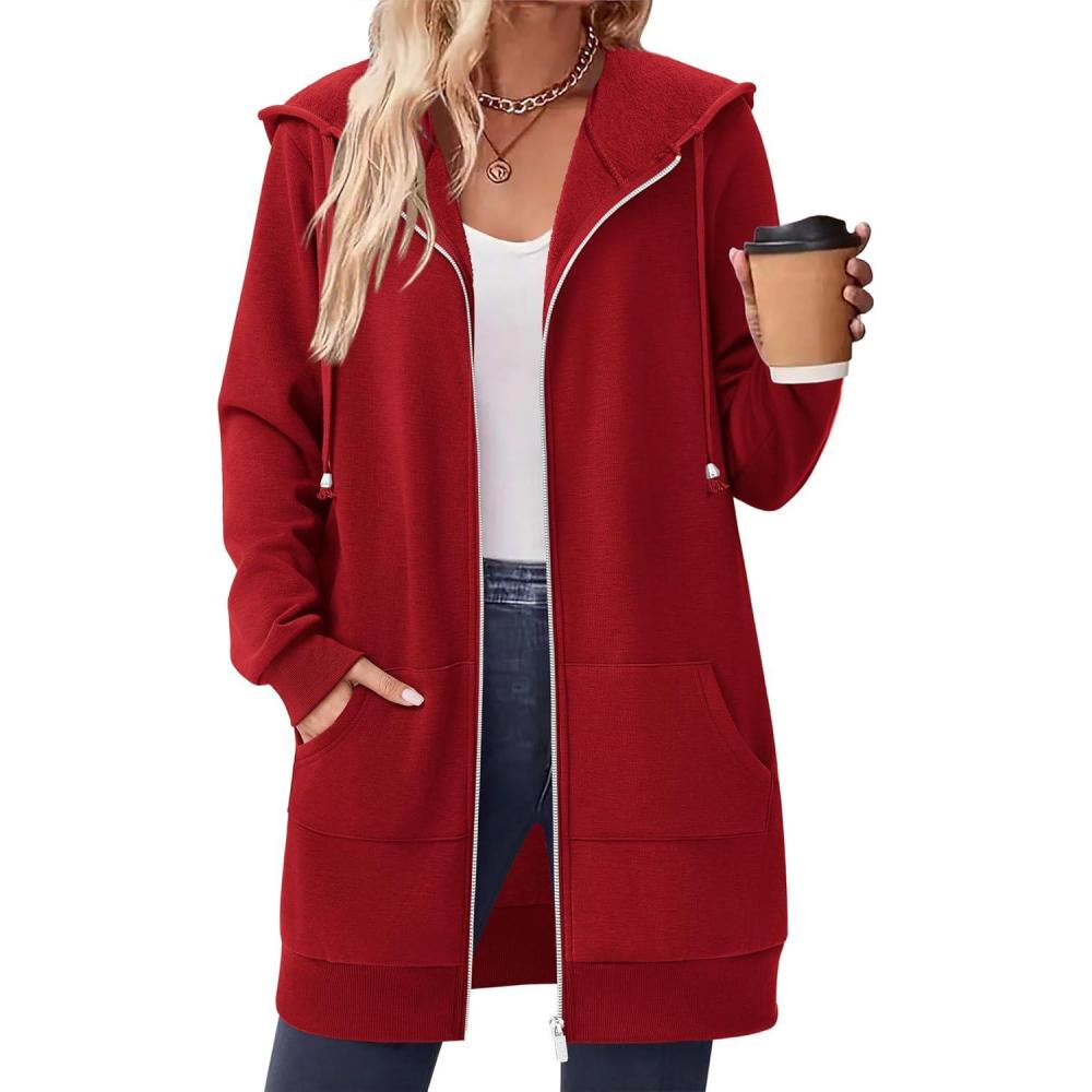imageZeagoo Womens Zip Up Hoodies Long Tunic Sweatshirts Oversized Fleece Casual Long Sleeve 2024 Fall Hoodie Jacket Coat01 Red