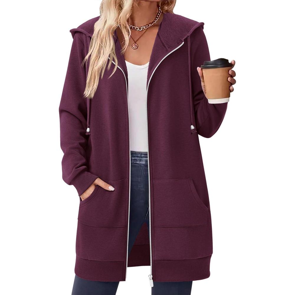 imageZeagoo Womens Zip Up Hoodies Long Tunic Sweatshirts Oversized Fleece Casual Long Sleeve 2024 Fall Hoodie Jacket Coat01 Wine Red