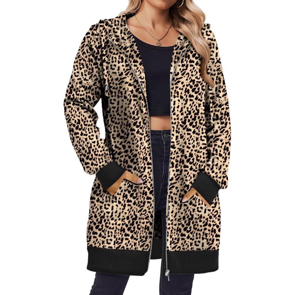 imageZeagoo Womens Zip Up Hoodies Long Tunic Sweatshirts Oversized Fleece Casual Long Sleeve 2024 Fall Hoodie Jacket CoatLeopard Print