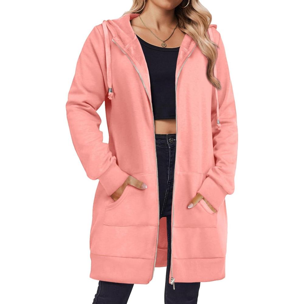 imageZeagoo Womens Zip Up Hoodies Long Tunic Sweatshirts Oversized Fleece Casual Long Sleeve 2024 Fall Hoodie Jacket CoatPink