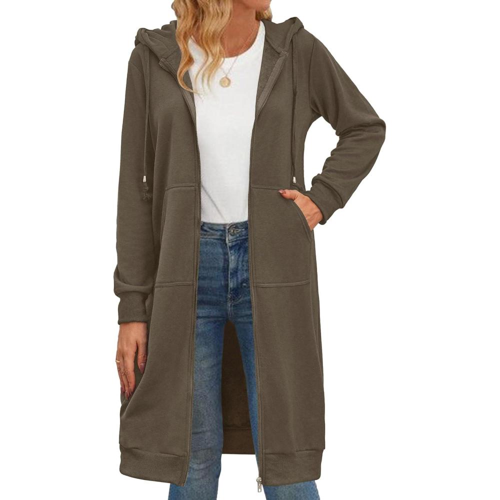 imageZeagoo Womens Zip Up Hoodies Oversized Fleece Long Tunic Sweatshirts Casual Long Sleeve 2026 Fall Hoodie Jacket CoatCoffeegrey