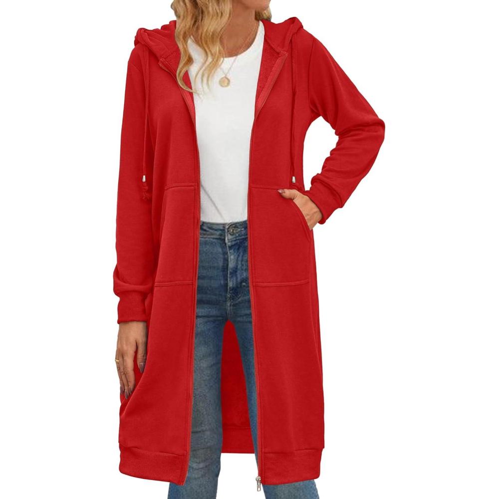 imageZeagoo Womens Zip Up Hoodies Oversized Fleece Long Tunic Sweatshirts Casual Long Sleeve 2026 Fall Hoodie Jacket CoatRed