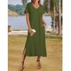 Zeagoo Women Summer Floral Dress Short Sleeve Beach Dress with Pockets Casual V-Neck Split Long T-Shirt Dress Travel Vacation(Army Green)