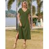 Zeagoo Women Summer Floral Dress Short Sleeve Beach Dress with Pockets Casual V-Neck Split Long T-Shirt Dress Travel Vacation(Army Green)