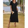 Zeagoo Women Summer Floral Dress Short Sleeve Beach Dress with Pockets Casual V-Neck Split Long T-Shirt Dress Travel Vacation(Black)