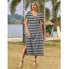 Zeagoo Women Summer Floral Dress Short Sleeve Beach Dress with Pockets Casual V-Neck Split Long T-Shirt Dress Travel Vacation(Black White Stripe)