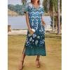 Zeagoo Women Summer Floral Dress Short Sleeve Beach Dress with Pockets Casual V-Neck Split Long T-Shirt Dress Travel Vacation(Blue Ethnic Pattern)