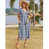 Zeagoo Women Summer Floral Dress Short Sleeve Beach Dress with Pockets Casual V-Neck Split Long T-Shirt Dress Travel Vacation(Ethnic Pattern)