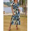 Zeagoo Women Summer Floral Dress Short Sleeve Beach Dress with Pockets Casual V-Neck Split Long T-Shirt Dress Travel Vacation(Green Leaf)