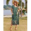 Zeagoo Women Summer Floral Dress Short Sleeve Beach Dress with Pockets Casual V-Neck Split Long T-Shirt Dress Travel Vacation(Green Printed)