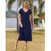 Zeagoo Women Summer Floral Dress Short Sleeve Beach Dress with Pockets Casual V-Neck Split Long T-Shirt Dress Travel Vacation(Navy Blue)