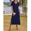 Zeagoo Women Summer Floral Dress Short Sleeve Beach Dress with Pockets Casual V-Neck Split Long T-Shirt Dress Travel Vacation(Navy Blue)