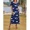 Zeagoo Women Summer Floral Dress Short Sleeve Beach Dress with Pockets Casual V-Neck Split Long T-Shirt Dress Travel Vacation(Navy Floral)