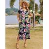 Zeagoo Women Summer Floral Dress Short Sleeve Beach Dress with Pockets Casual V-Neck Split Long T-Shirt Dress Travel Vacation(Navy Leaf)