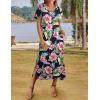 Zeagoo Women Summer Floral Dress Short Sleeve Beach Dress with Pockets Casual V-Neck Split Long T-Shirt Dress Travel Vacation(Navy Leaf)
