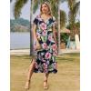 Zeagoo Women Summer Floral Dress Short Sleeve Beach Dress with Pockets Casual V-Neck Split Long T-Shirt Dress Travel Vacation(Navy Leaf)