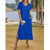 Zeagoo Women Summer Floral Dress Short Sleeve Beach Dress with Pockets Casual V-Neck Split Long T-Shirt Dress Travel Vacation(Royal Blue)