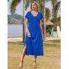 Zeagoo Women Summer Floral Dress Short Sleeve Beach Dress with Pockets Casual V-Neck Split Long T-Shirt Dress Travel Vacation(Royal Blue)