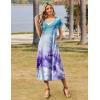 Zeagoo Women Summer Floral Dress Short Sleeve Beach Dress with Pockets Casual V-Neck Split Long T-Shirt Dress Travel Vacation(Watercolor Blue-purple)