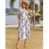 Zeagoo Women Summer Floral Dress Short Sleeve Beach Dress with Pockets Casual V-Neck Split Long T-Shirt Dress Travel Vacation(White Floral)