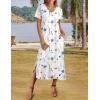 Zeagoo Women Summer Floral Dress Short Sleeve Beach Dress with Pockets Casual V-Neck Split Long T-Shirt Dress Travel Vacation(White Floral-printed)