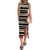 Zeagoo Womens Bodycon Midi Dresses Summer Casual Sleeveless Dress Women Knit Side Slit Striped 2025 Long Tank Dress(Black- light Khaki)