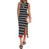 Zeagoo Womens Bodycon Midi Dresses Summer Casual Sleeveless Dress Women Knit Side Slit Striped 2025 Long Tank Dress(Black-white)