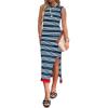 Zeagoo Womens Bodycon Midi Dresses Summer Casual Sleeveless Dress Women Knit Side Slit Striped 2025 Long Tank Dress(Blue-white)