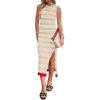Zeagoo Womens Bodycon Midi Dresses Summer Casual Sleeveless Dress Women Knit Side Slit Striped 2025 Long Tank Dress(Light Khaki-white)