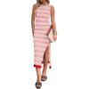 Zeagoo Womens Bodycon Midi Dresses Summer Casual Sleeveless Dress Women Knit Side Slit Striped 2025 Long Tank Dress(Pink-white)